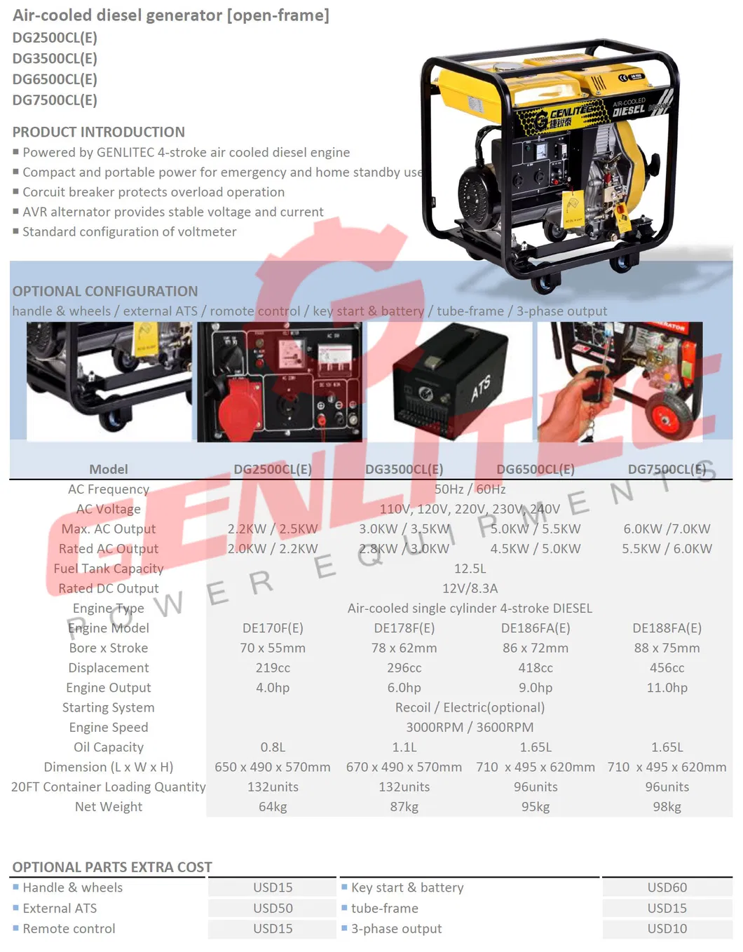 5.5kw 6kw Open Frame Portable Diesel Generator Set with Key / Electric Start Handles and Wheels