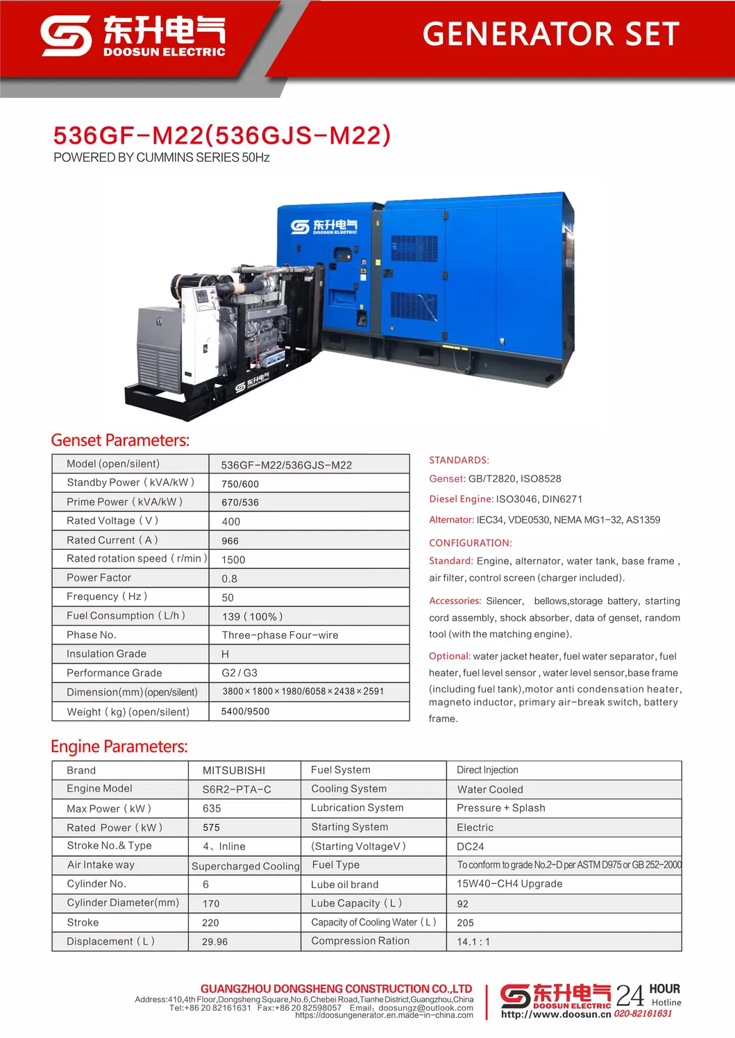 536kw/670kVA Diesel Power Generator Electric by Mitsubishi S6r2-Pta-C Engine