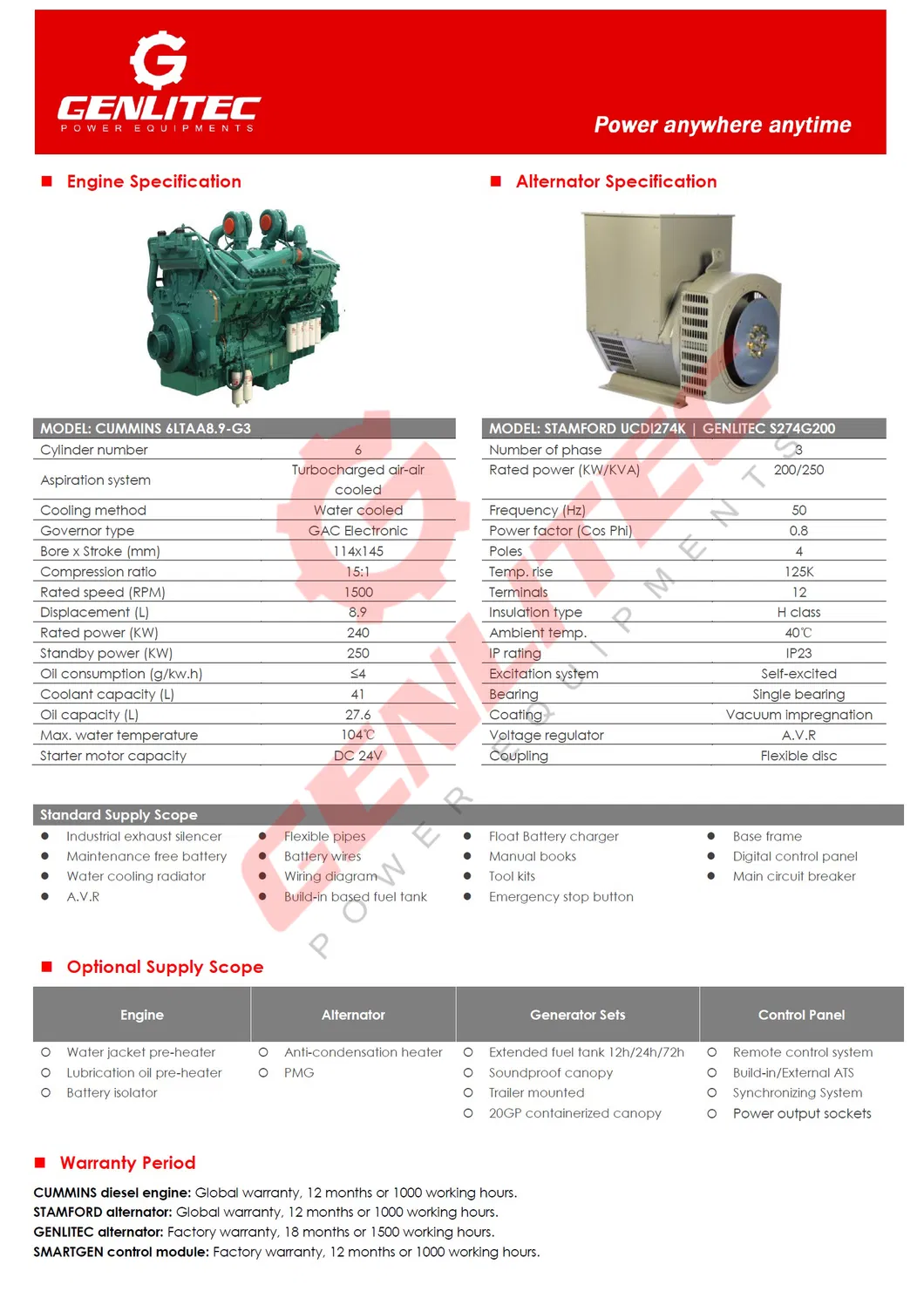 Automatic Star & Stop Electricity Power 250kVA Silent Cummins Diesel Generator with ATS