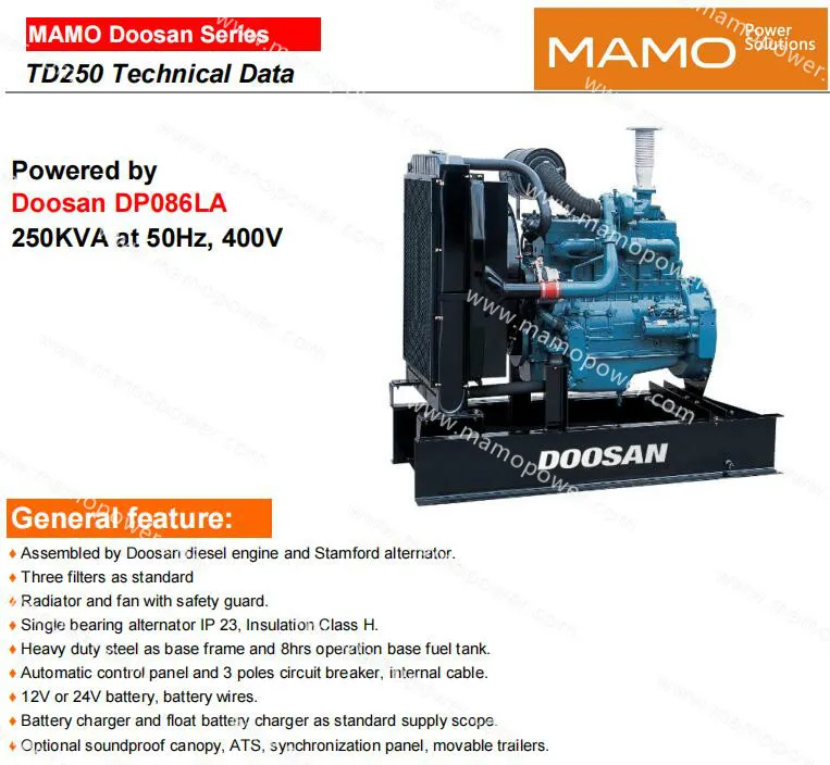 Korea Doosan Heavy Duty Engine Dp086la 180kw 225kVA Prime 200kw 250kVA Standby Power Electric Diesel Generator