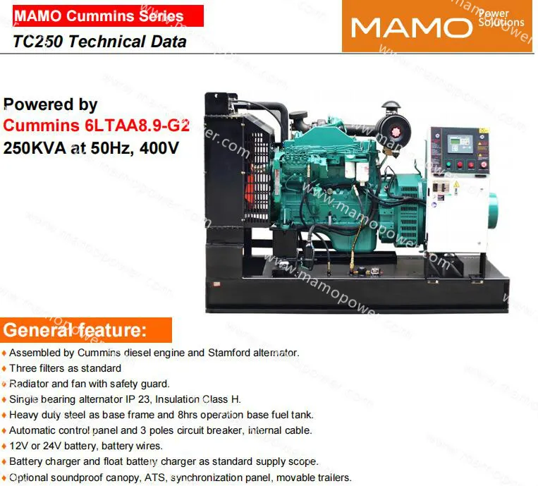 OEM Factory Direct Sale Diesel Engine 6ltaa8.9-G2 180kw/225kVA 200kw/250 Power Electric Genset Generator