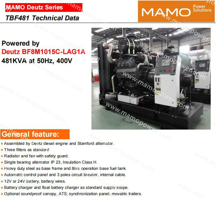 Stationary Enclosed Gen Set Deutz Engine Bf8m1015 438kVA/350kw Prime 481kVA/385kw Standy Power Electrc Diesel Genset Generators with CE ISO