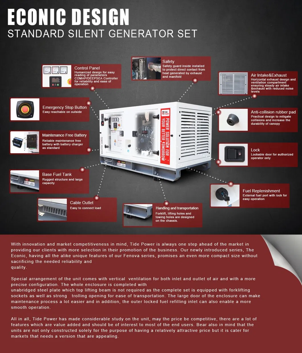 Tide Power 115/138kVA Cummins Dcec Diesel Generator Set Canopy/Silent Type, Power Range From 20 to 500kVA Econic Series, Leroysomer/Stamford/Tide, Comap/Deepsea